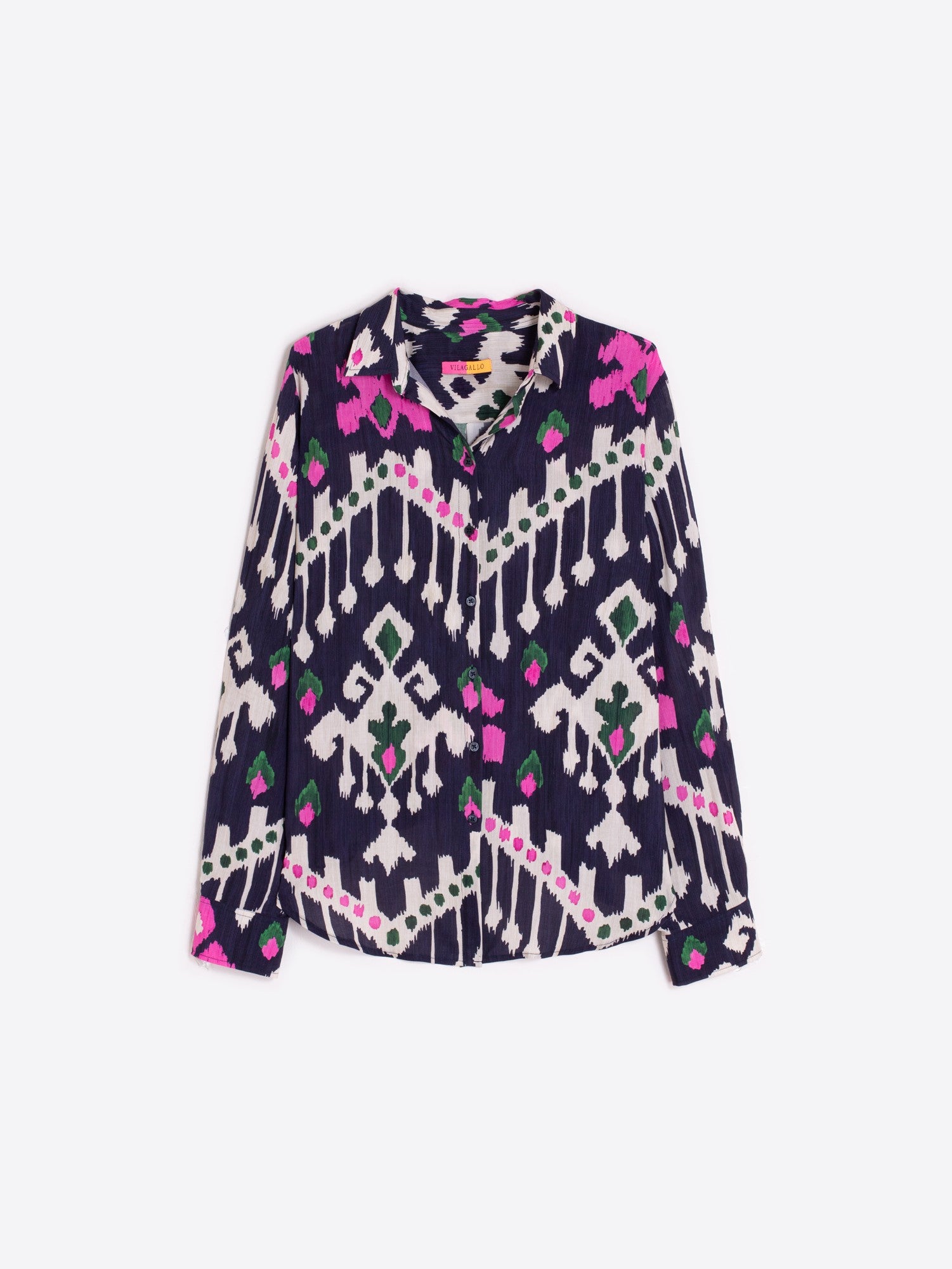 Front view of Vilagallo navy ikat print shirt with crisp collar