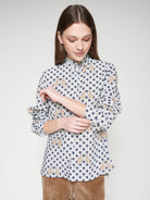 Vilagallo white blouse with navy star and leopard print and ruffle collar