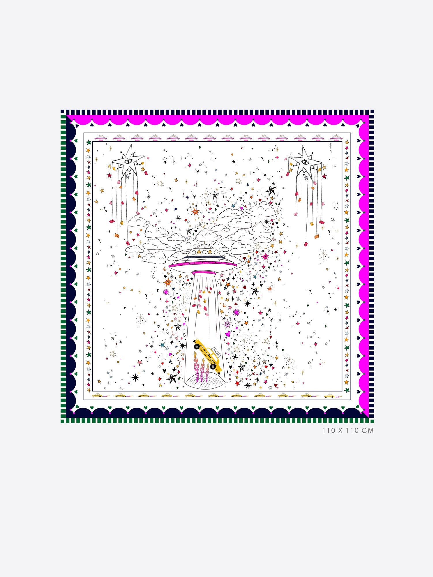 Vilagallo UFO silk foulard scarf with colourful galaxy and yellow cab design