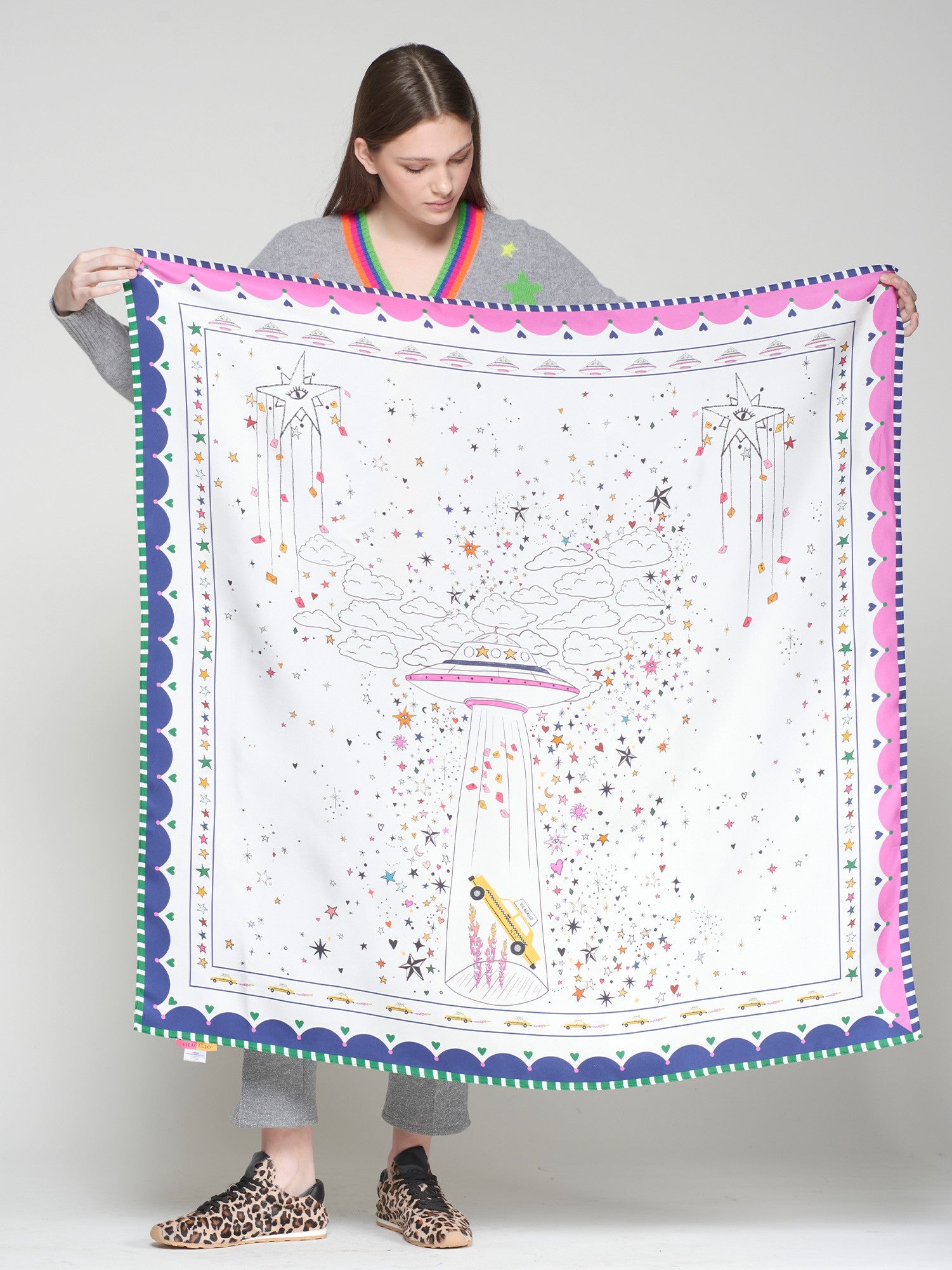Vilagallo silk galaxy print scarf with UFO illustration on white background