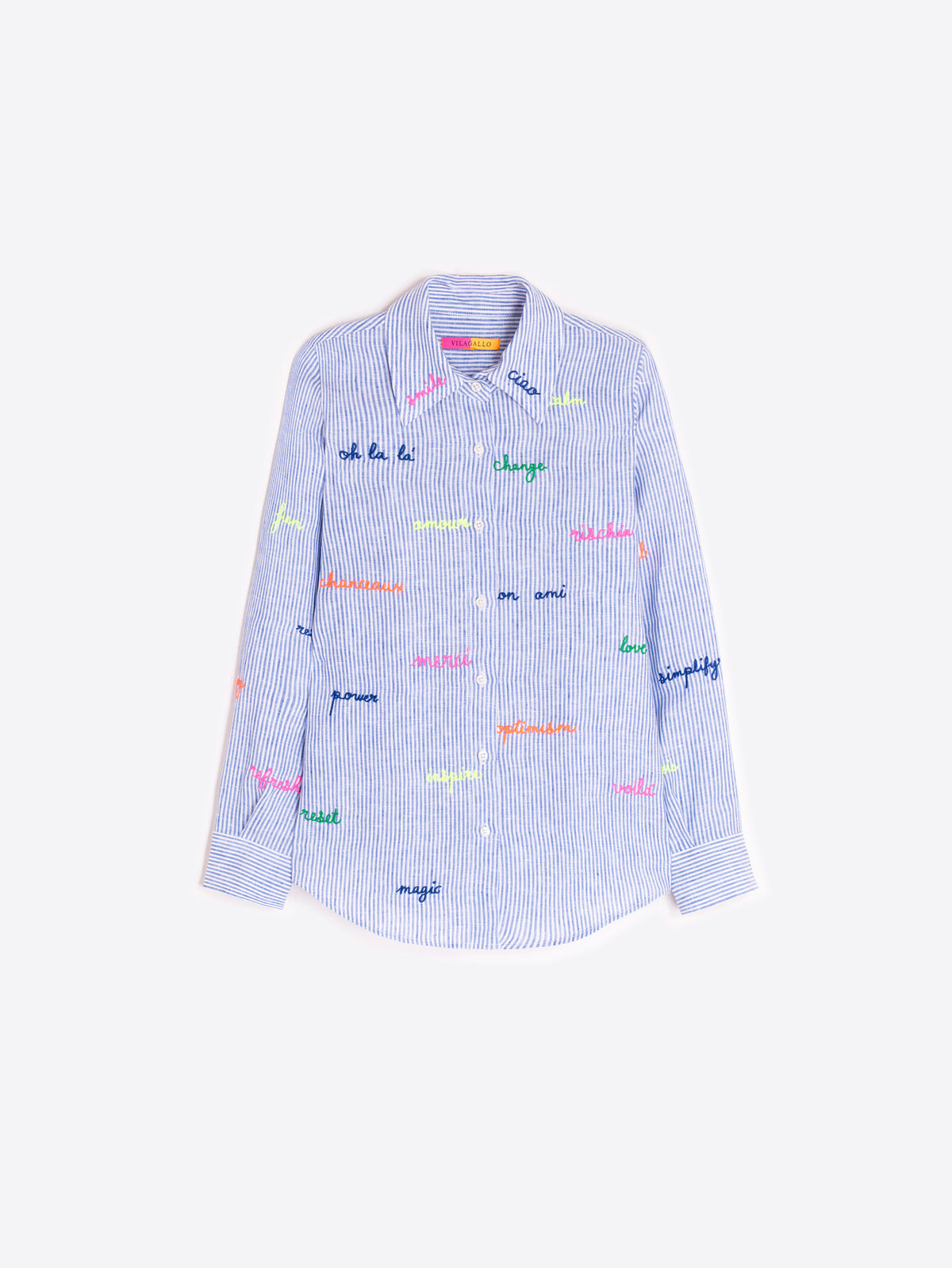 Vilagallo blue striped embroidered slogan shirt linen front view