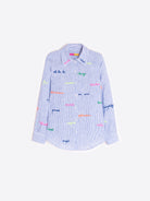 Vilagallo blue striped embroidered slogan shirt linen front view