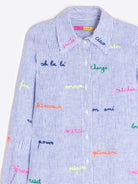 Vilagallo embroidered slogan linen shirt blue stripe close up