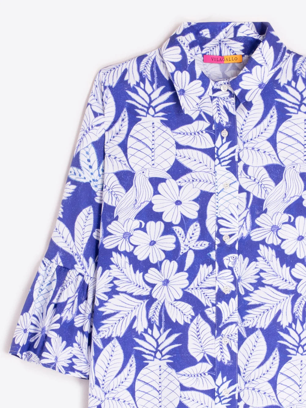 Vilagallo cobalt blue tropical floral shirt dress collar detail