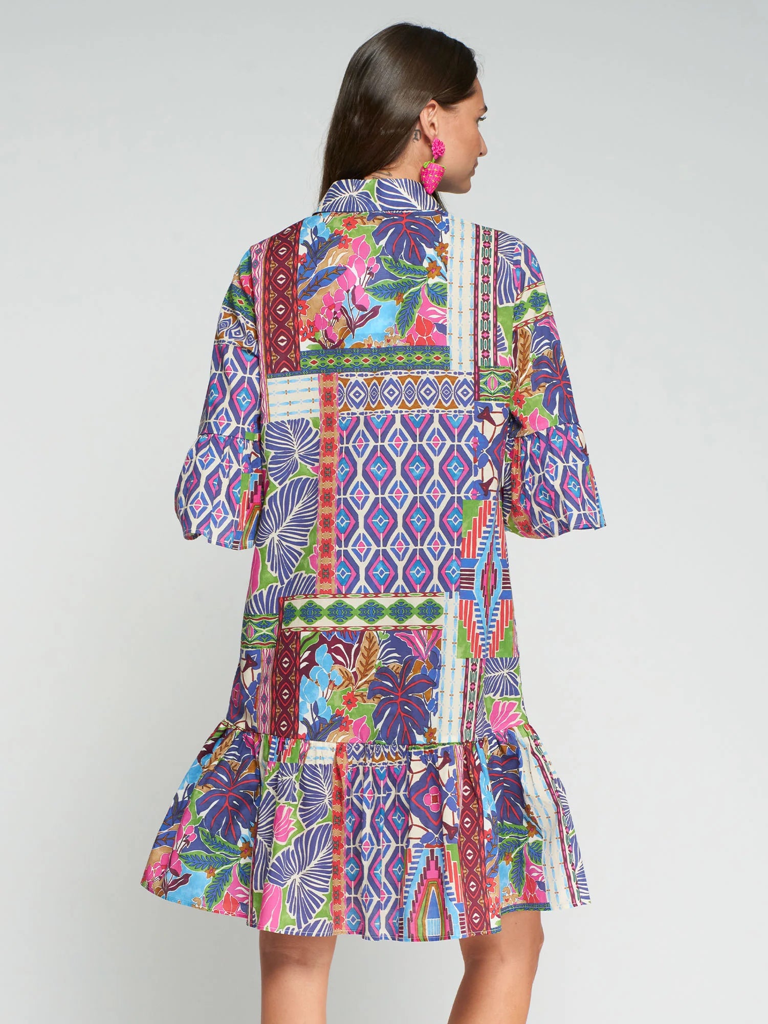 Vilagallo Ada dress print detail with geometric and floral panels Back view 