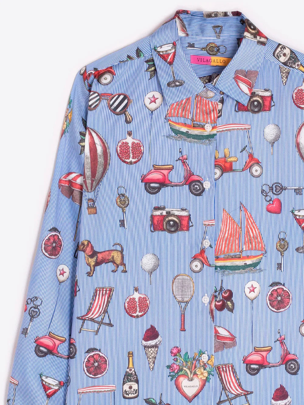 Vilagallo blue summer stripe shirt collar detail with sailboat print
