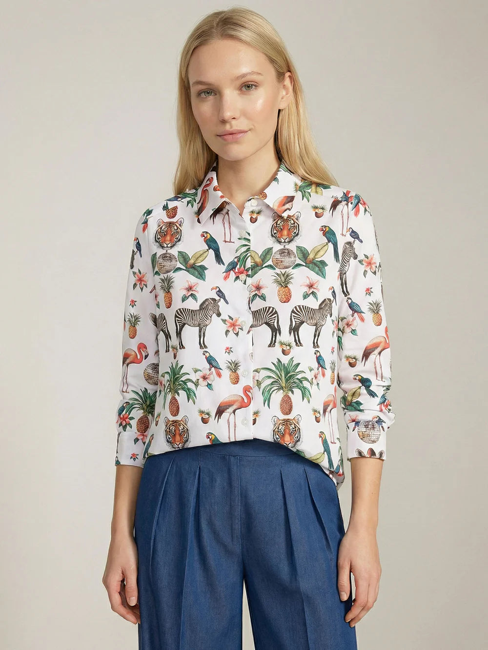 Vilagallo white jungle disco print shirt front view with zebra motif