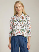Vilagallo white jungle disco print shirt front view with zebra motif