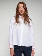     Vilagallo white linen blouse full length front with button front