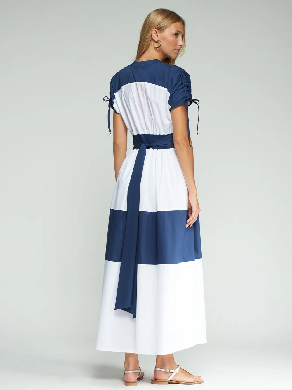 Vilagallo navy white maxi dress back view with tie waist