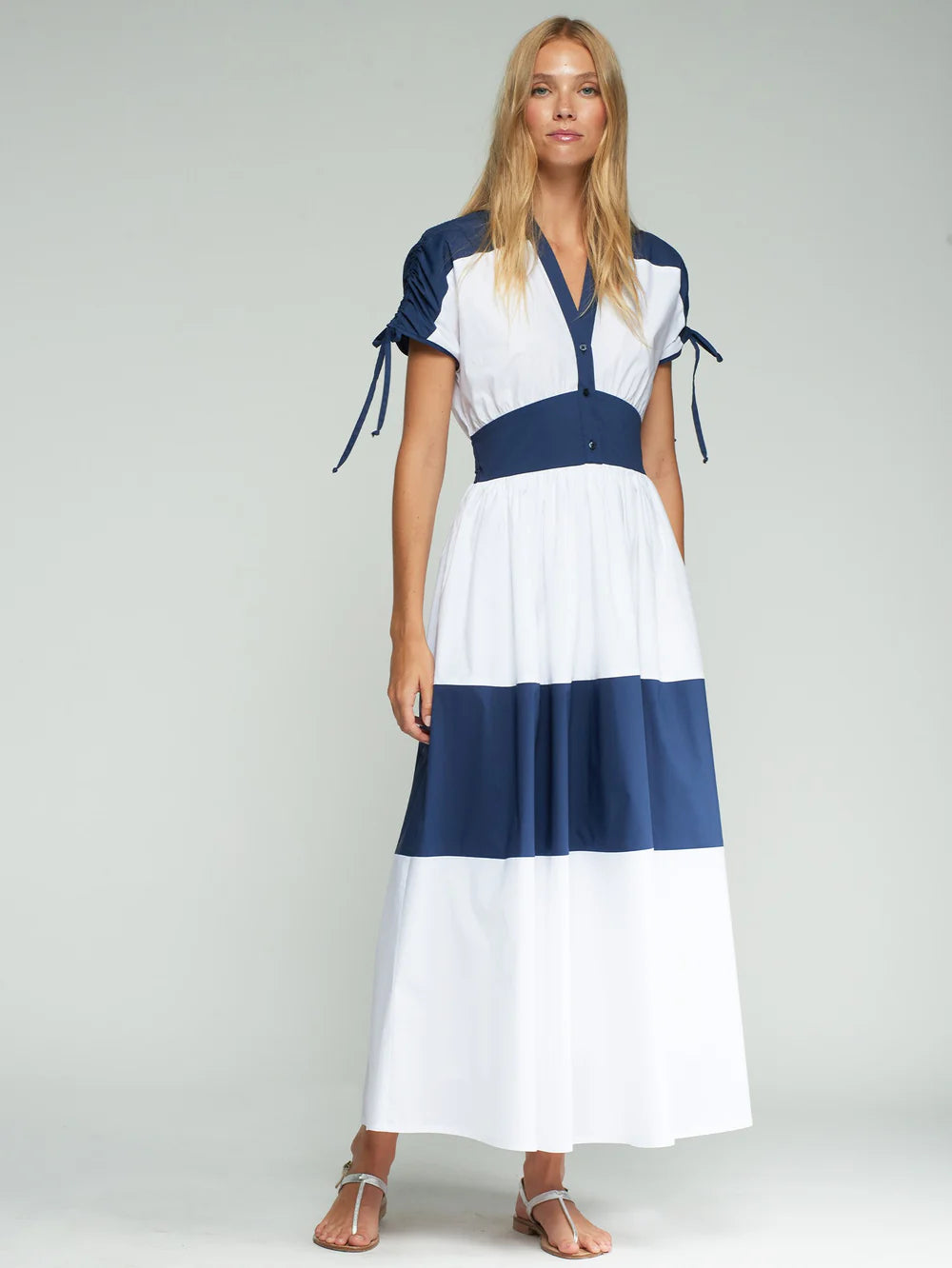 Vilagallo navy and white block print maxi dress front view