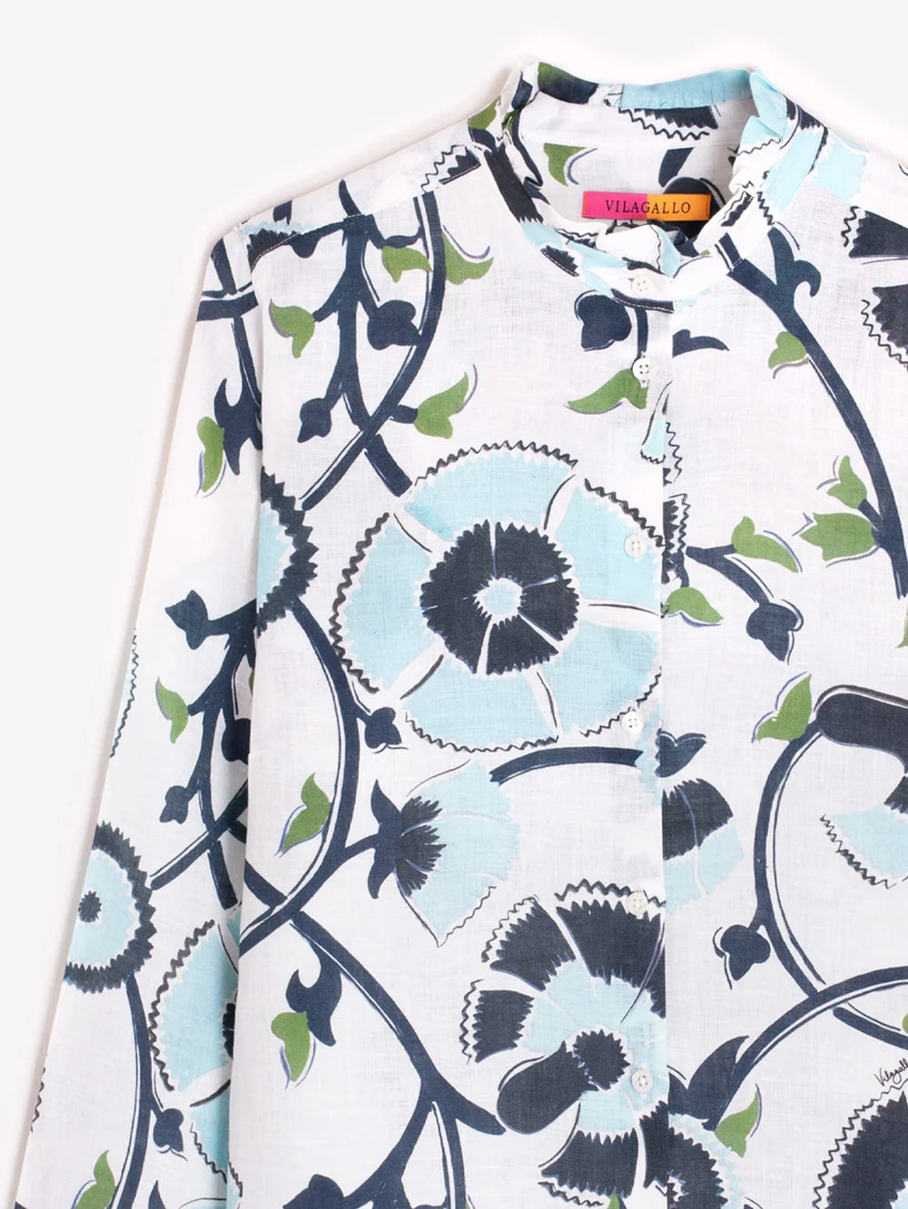 Vilagallo floral linen shirt ruffle collar detail in blue tones