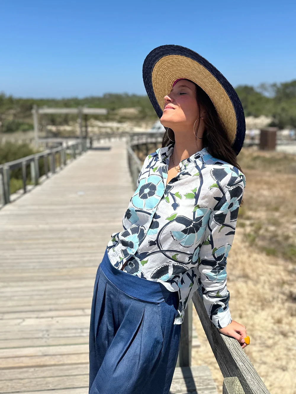 Vilagallo blue floral linen shirt styled with navy trousers