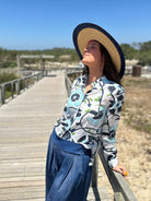 Vilagallo blue floral linen shirt styled with navy trousers