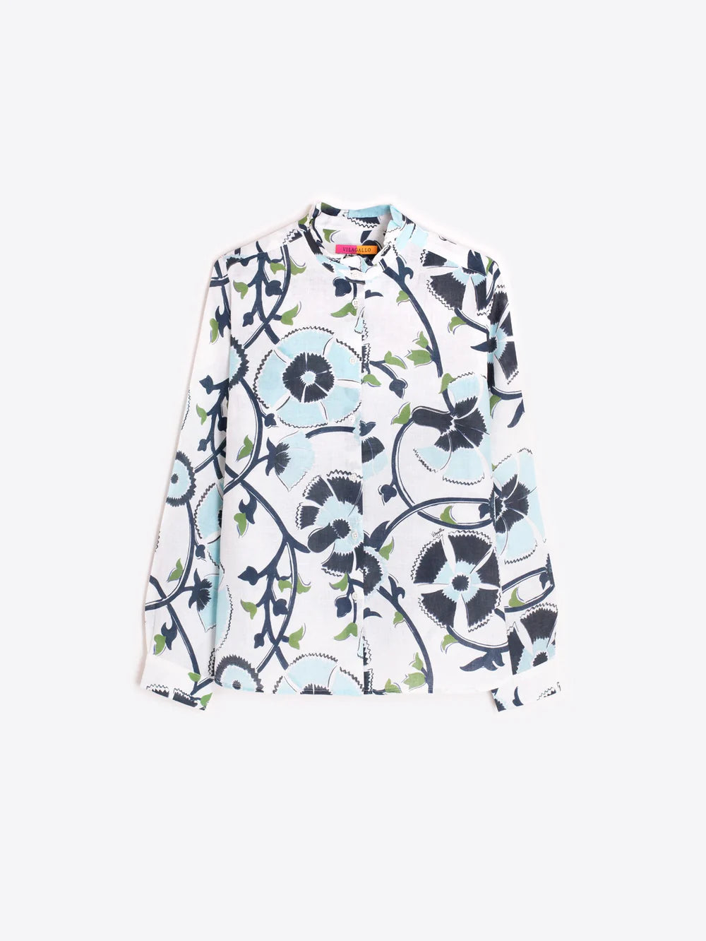 Vilagallo blue and white floral print linen shirt front view