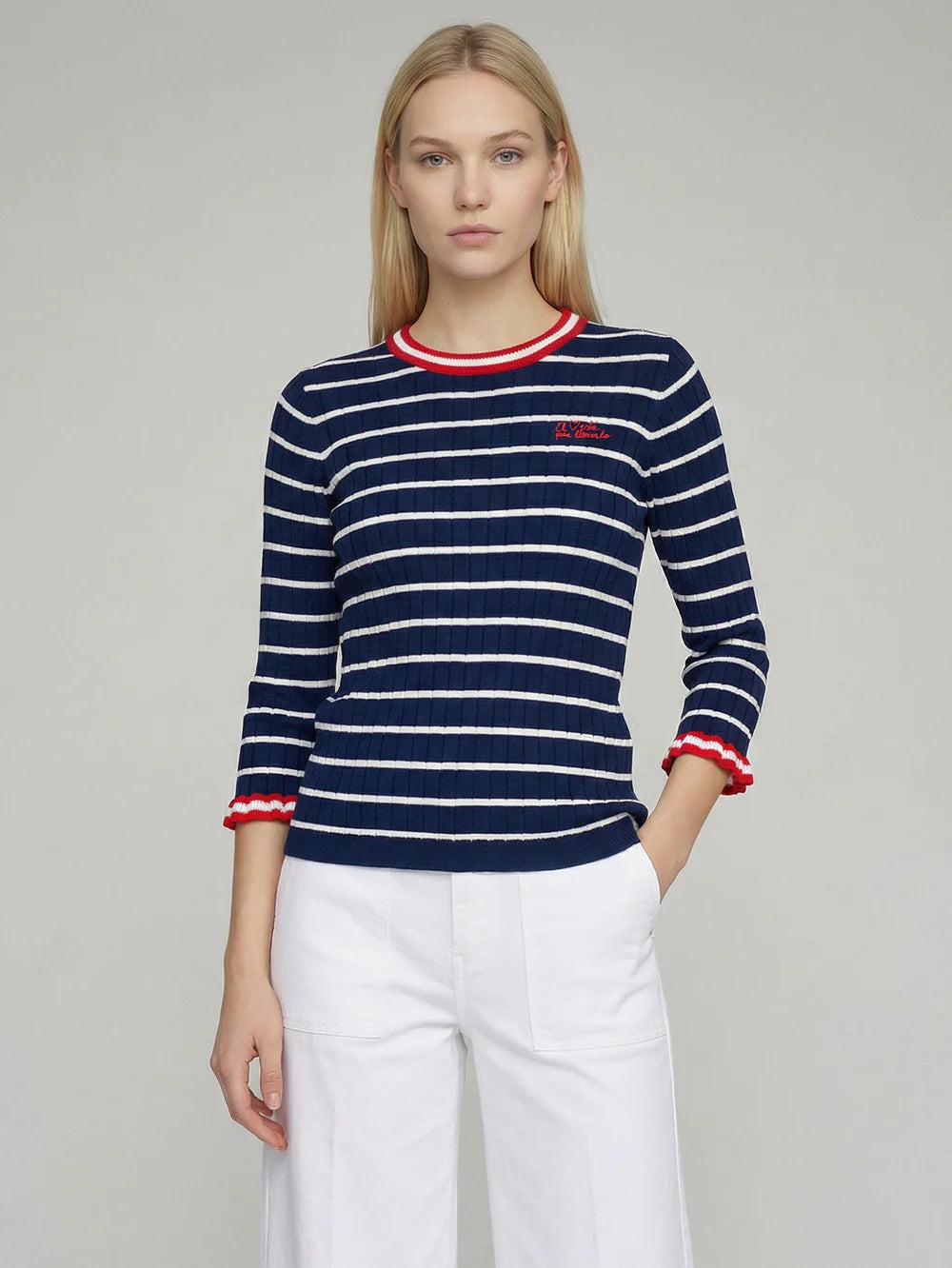 Vilagallo navy ribbed Breton jumper with white stripes and three-quarter sleeves