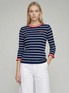 Vilagallo navy ribbed Breton jumper with white stripes and three-quarter sleeves