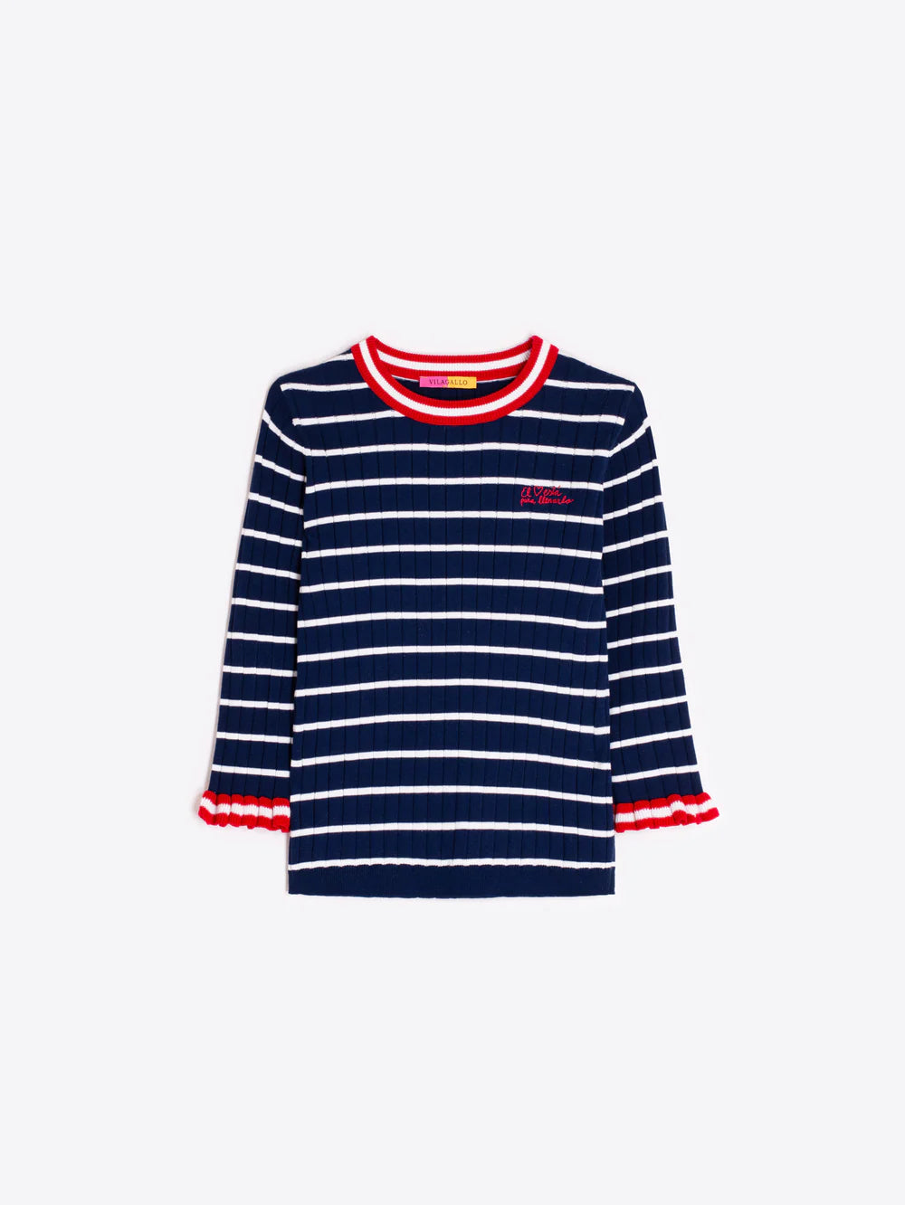 Vilagallo navy striped jumper flat lay with red trim neckline and ruffle cuffs