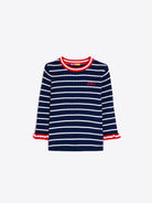 Vilagallo navy striped jumper flat lay with red trim neckline and ruffle cuffs