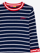 Vilagallo navy ribbed striped jumper close-up with red chest embroidery detail