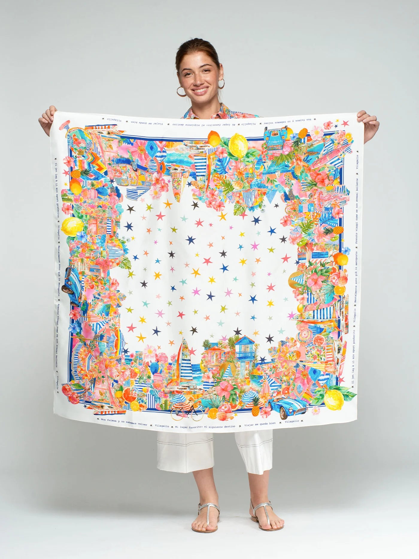 Vilagallo multicolour star silk Summer scarf held open