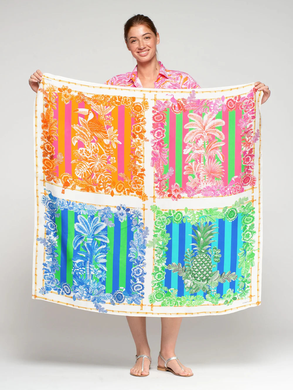 Vilagallo tropical bamboo print silk scarf detail