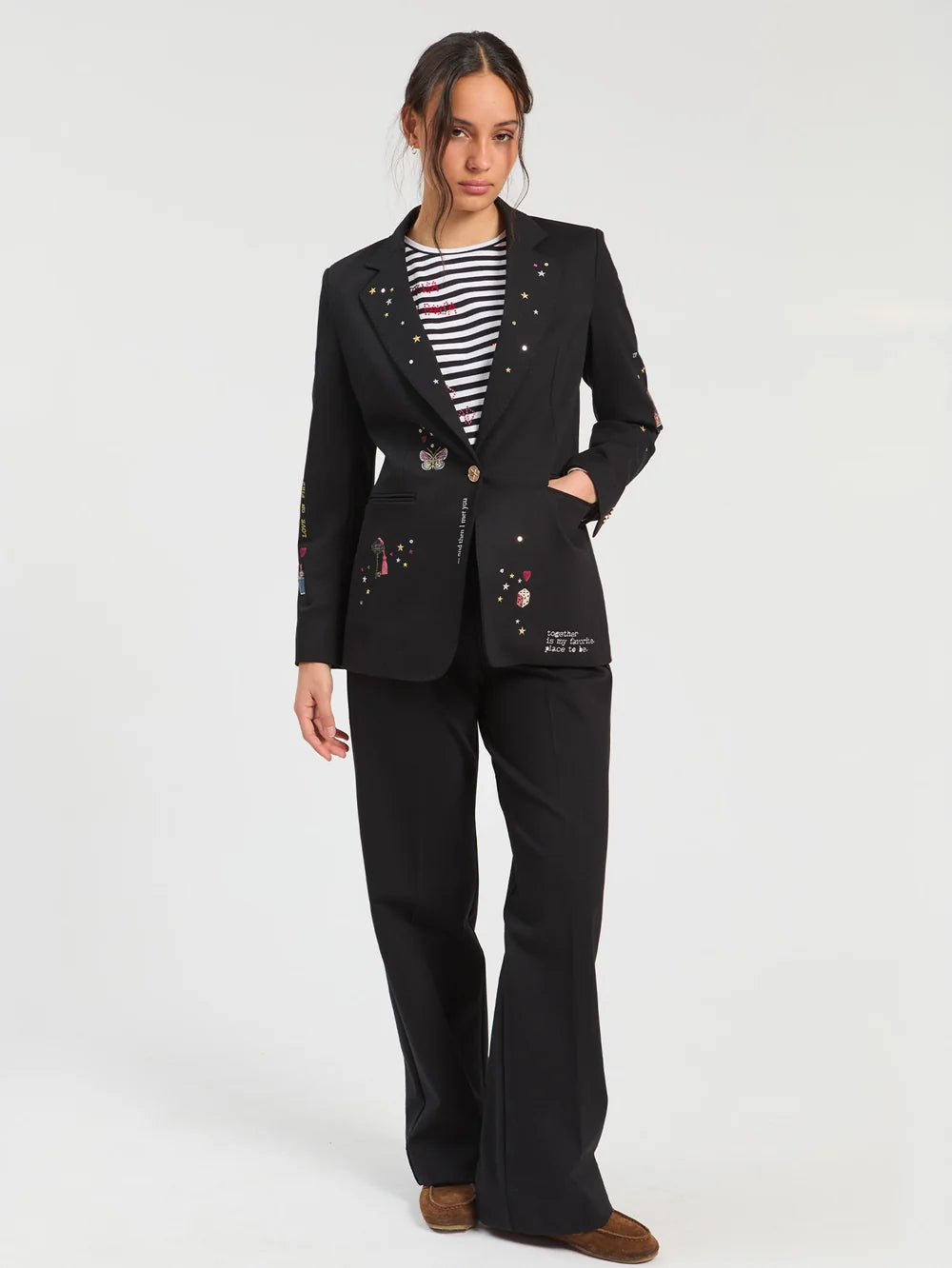 Vilagallo black embroidered blazer styled with matching straight leg trousers