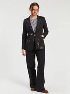 Vilagallo black embroidered blazer styled with matching straight leg trousers