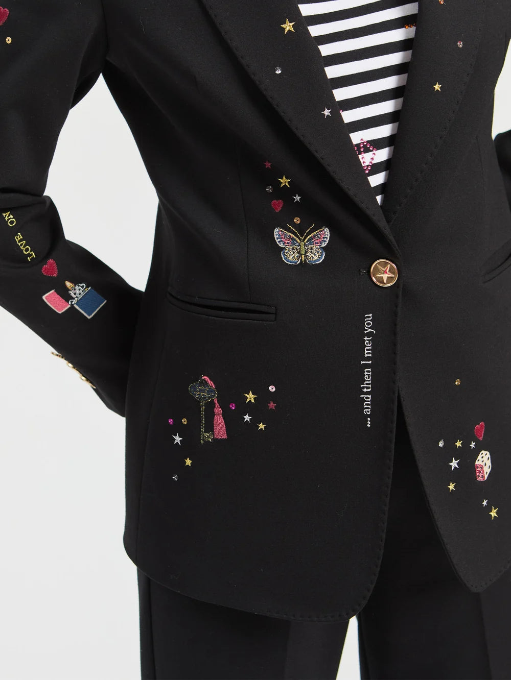 Vilagallo black embroidered blazer close-up showing colourful motifs and gold button detail 