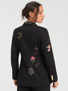 Vilagallo black Cupid motif blazer back view with multicolour embroidery