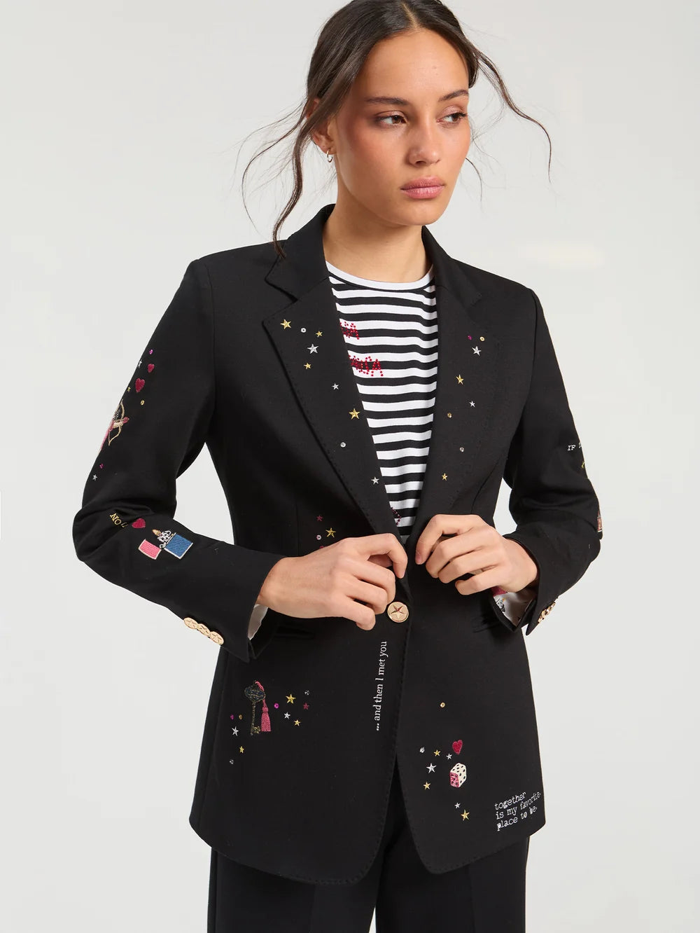 Vilagallo black Cupid embroidered tailored women’s blazer front view