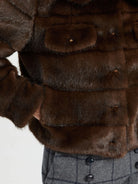 Vilagallo brown faux fur jacket close-up showing button front and flap pockets