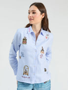 Vilagallo Hotel light blue striped embroidered shirt with travel and dog motifs – front model view