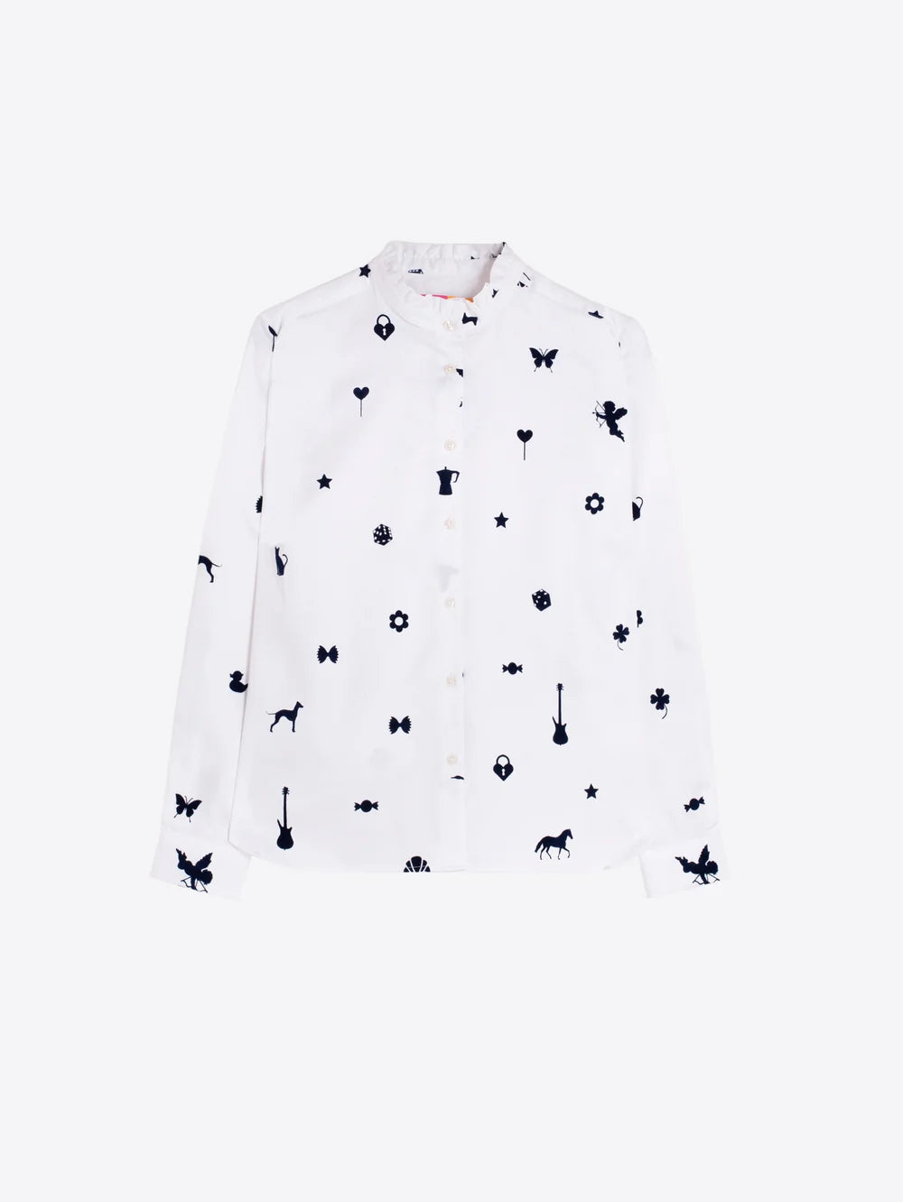 Vilagallo white frill collar velvet motif shirt product view