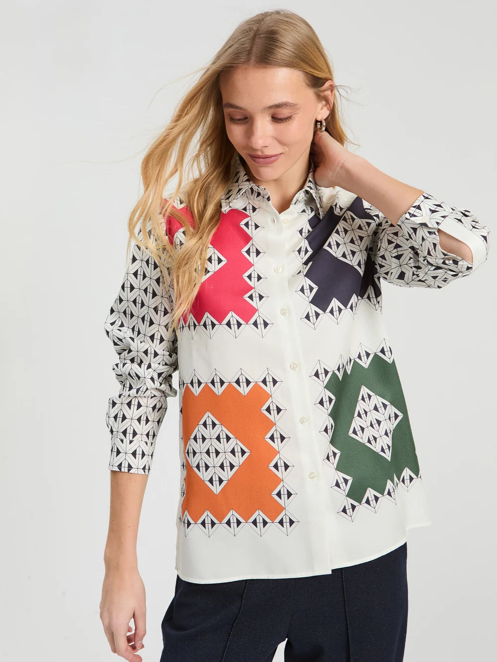 Vilagallo multicolour geometric patchwork cotton shirt front view