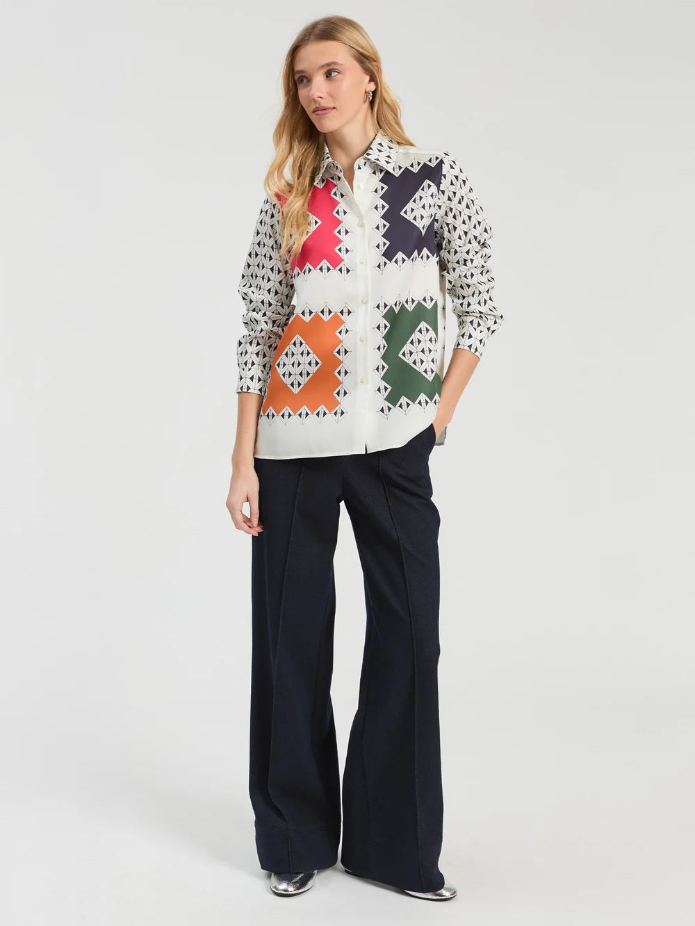     Vilagallo geometric patchwork cotton shirt styled with navy trousers
