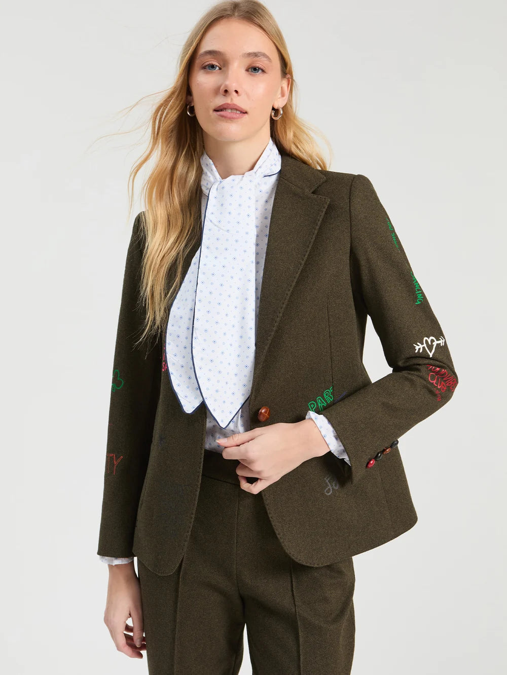 Vilagallo olive green Ferris Wheel embroidered blazer front view