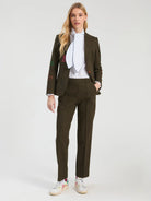 Vilagallo olive green tailored blazer styled with matching straight leg trousers