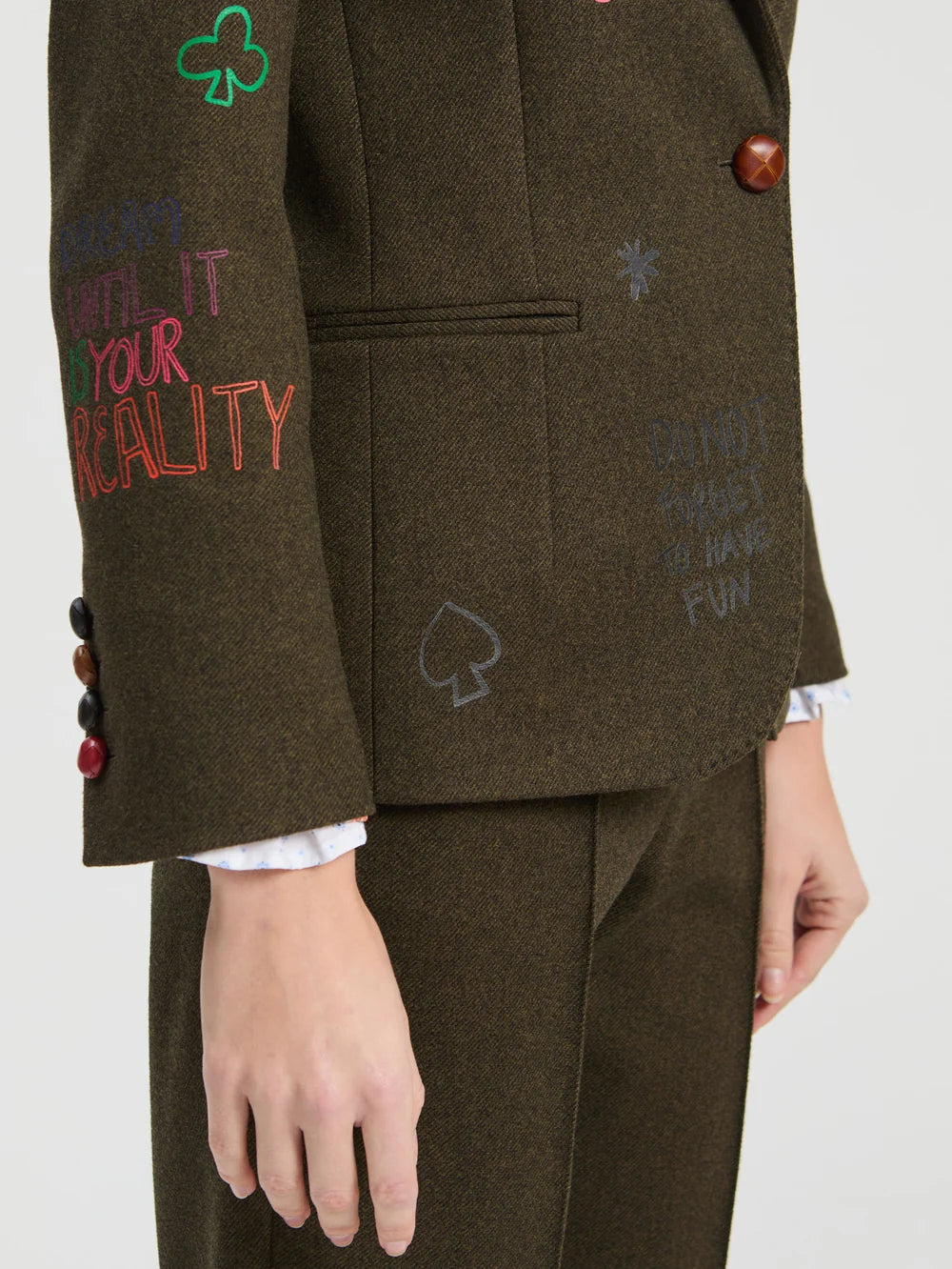 Vilagallo embroidered green blazer close-up showing decorative sleeve and pocket detail