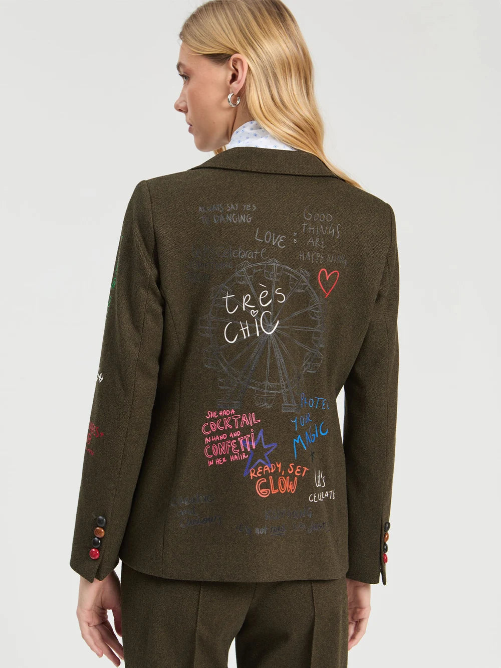 Vilagallo olive green blazer back view with colourful handwritten graphic motifs