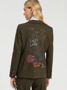 Vilagallo olive green blazer back view with colourful handwritten graphic motifs