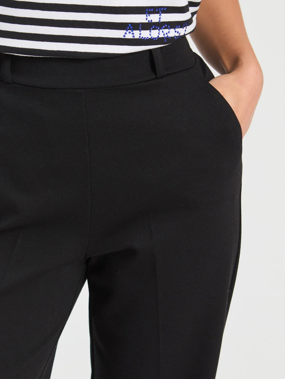 Vilagallo black straight leg trousers close-up showing waistband and side pocket