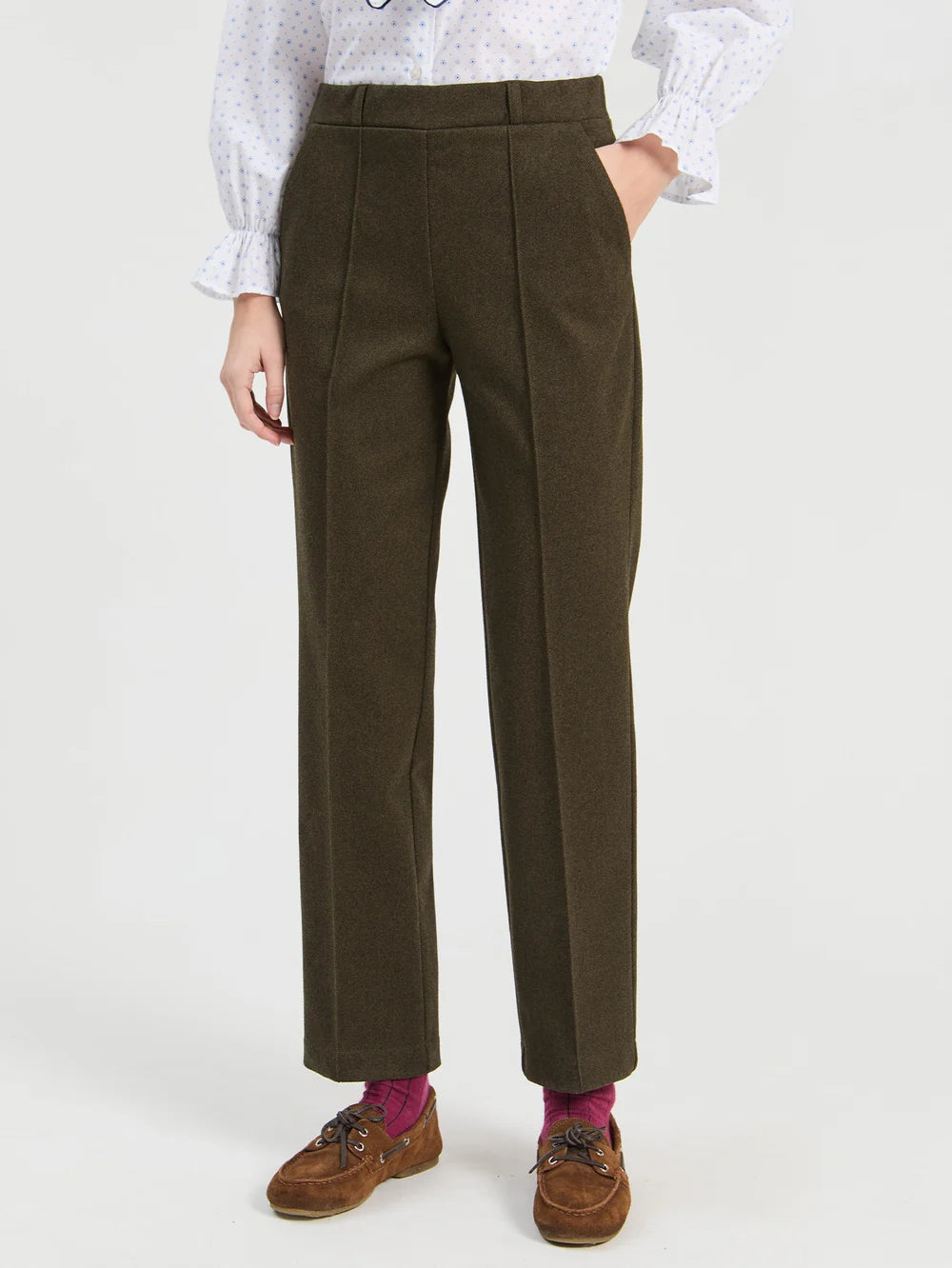 Vilagallo olive green tailored straight leg trousers front view