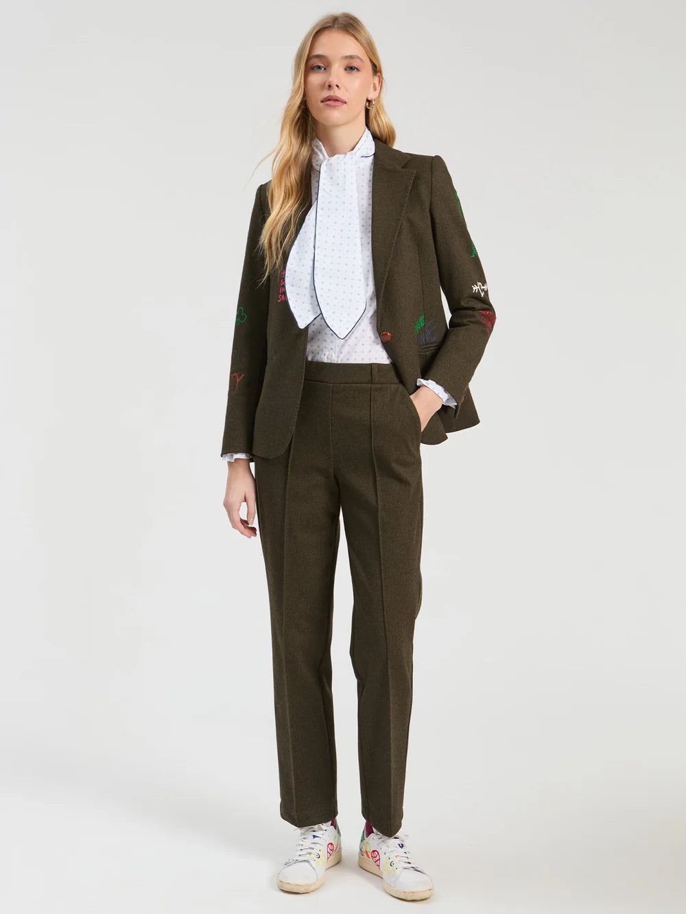 Vilagallo olive green straight leg trousers styled with matching blazer