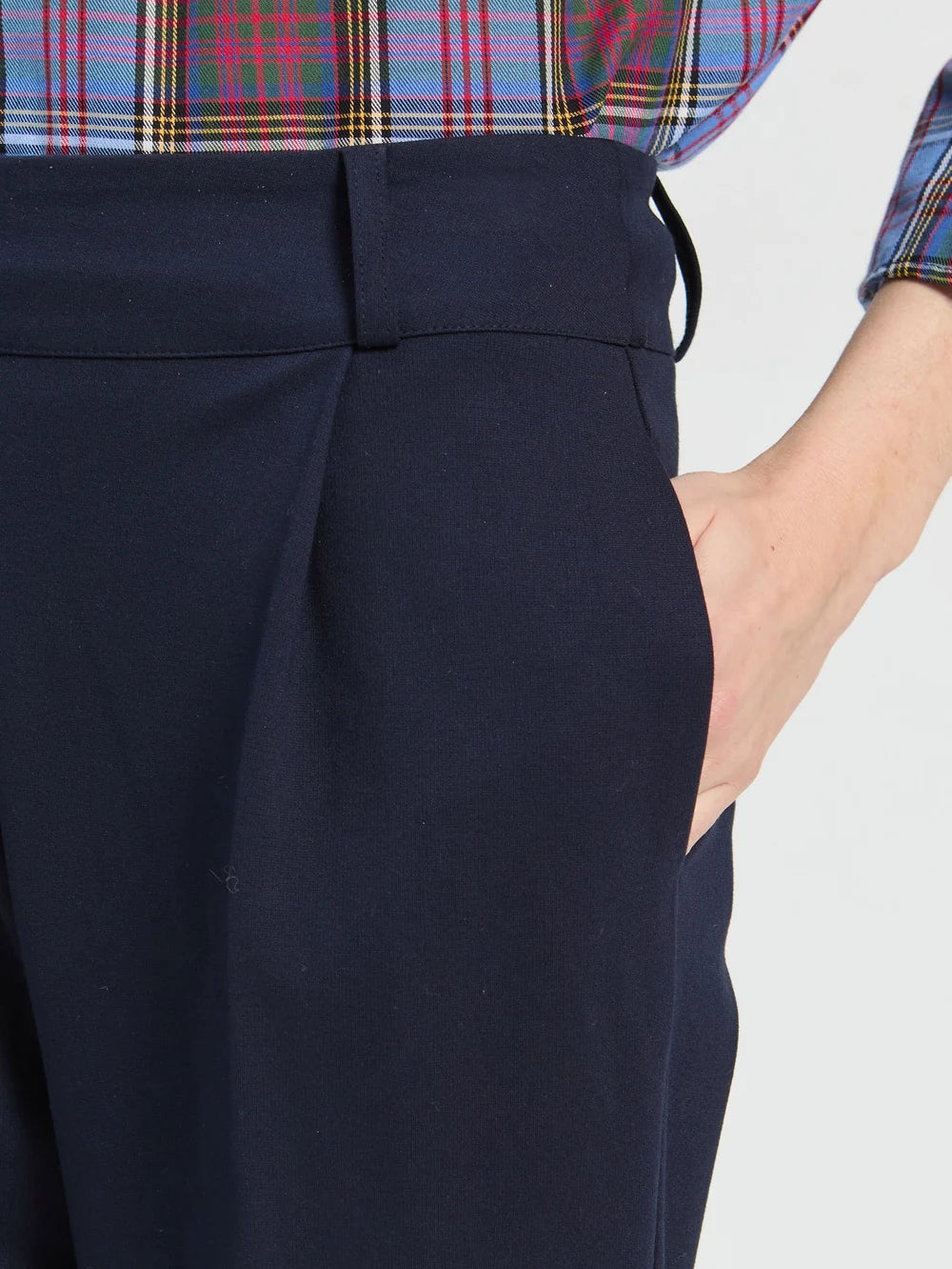 Vilagallo navy straight leg trousers close-up showing front pleat and side pocket