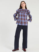Vilagallo navy straight leg trousers styled with printed blouse