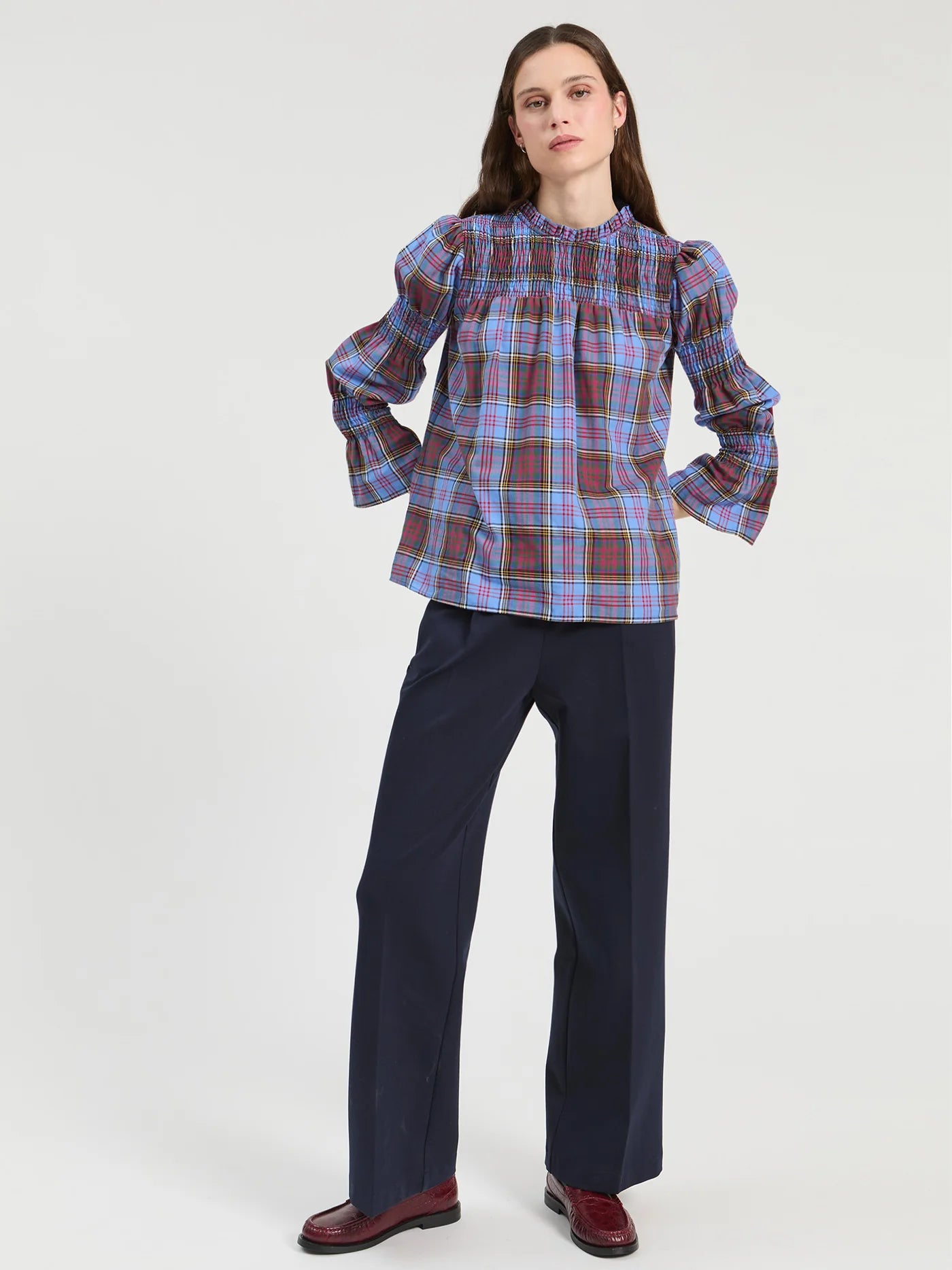 Vilagallo navy straight leg trousers styled with printed blouse