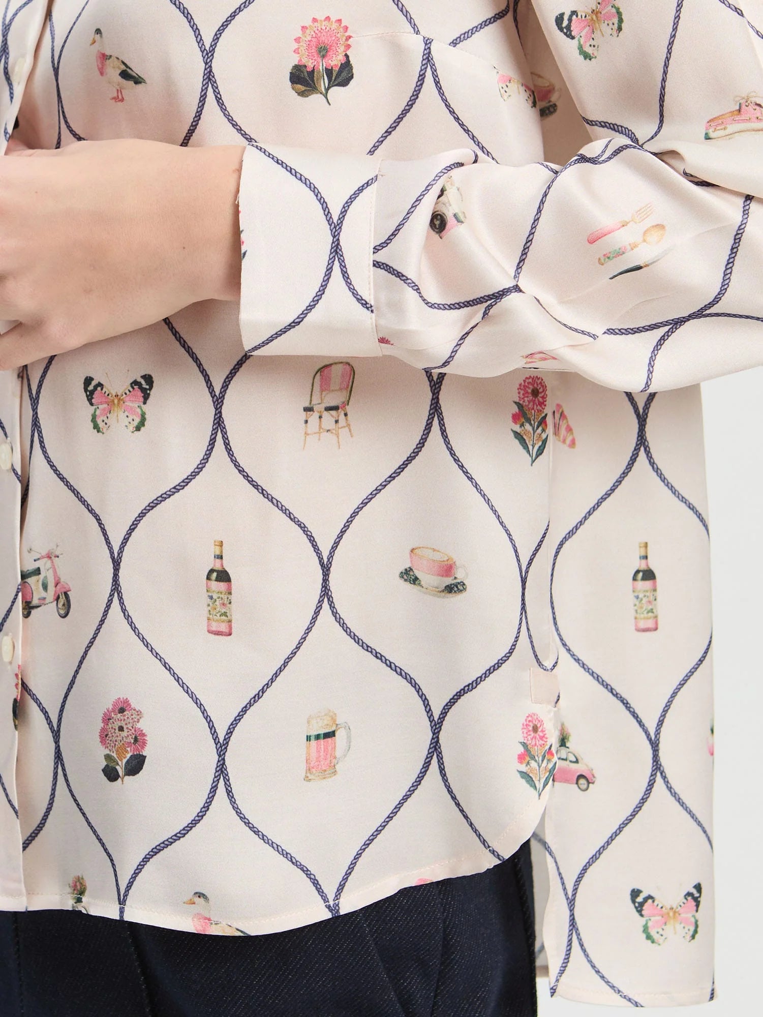 Vilagallo Madrid printed shirt close-up showing navy tile pattern and colourful motifs
