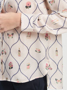 Vilagallo Madrid printed shirt close-up showing navy tile pattern and colourful motifs