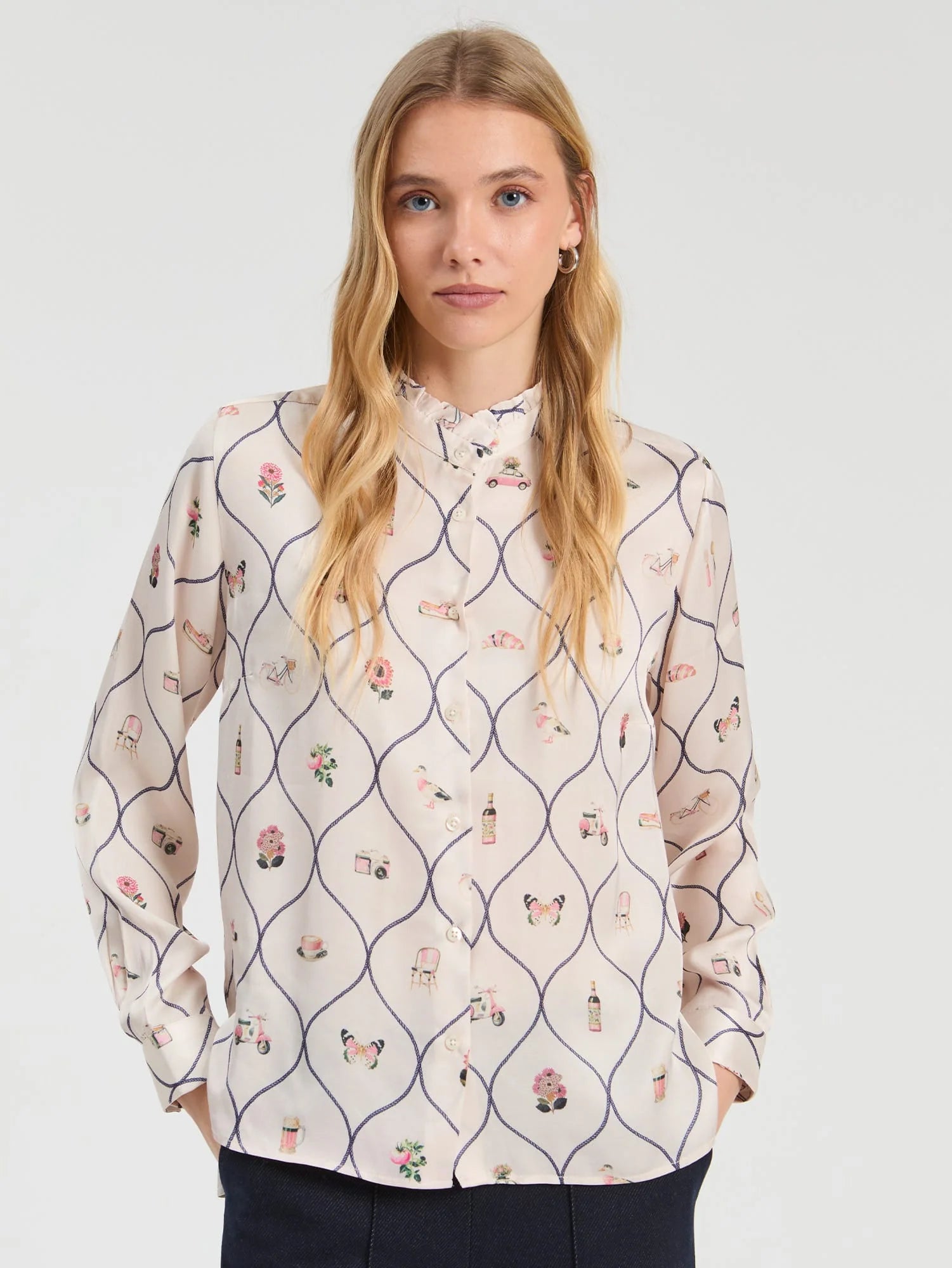 Vilagallo Madrid ivory tile print frill collar shirt front view